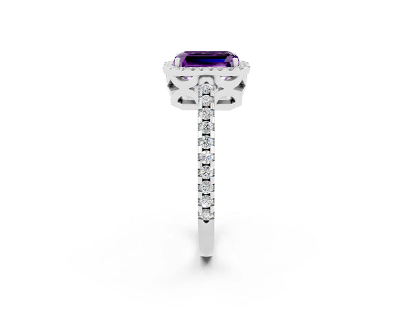 Platinum Emerald Cut Amethyst Halo Engagement Ring with Pavé Band and Prong Setting