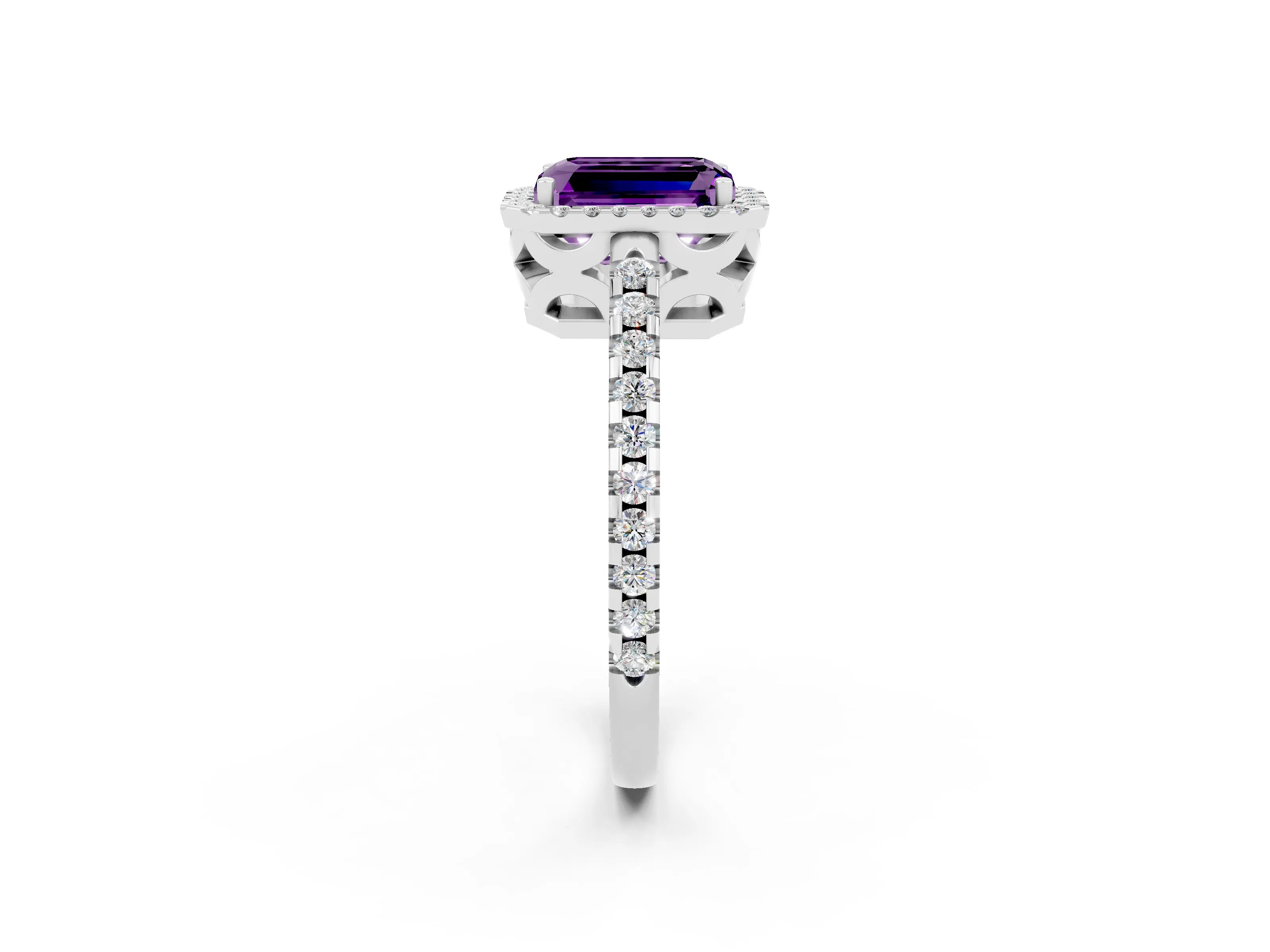 White gold Emerald Cut Amethyst Halo Engagement Ring with Pavé Band and Prong Setting_14