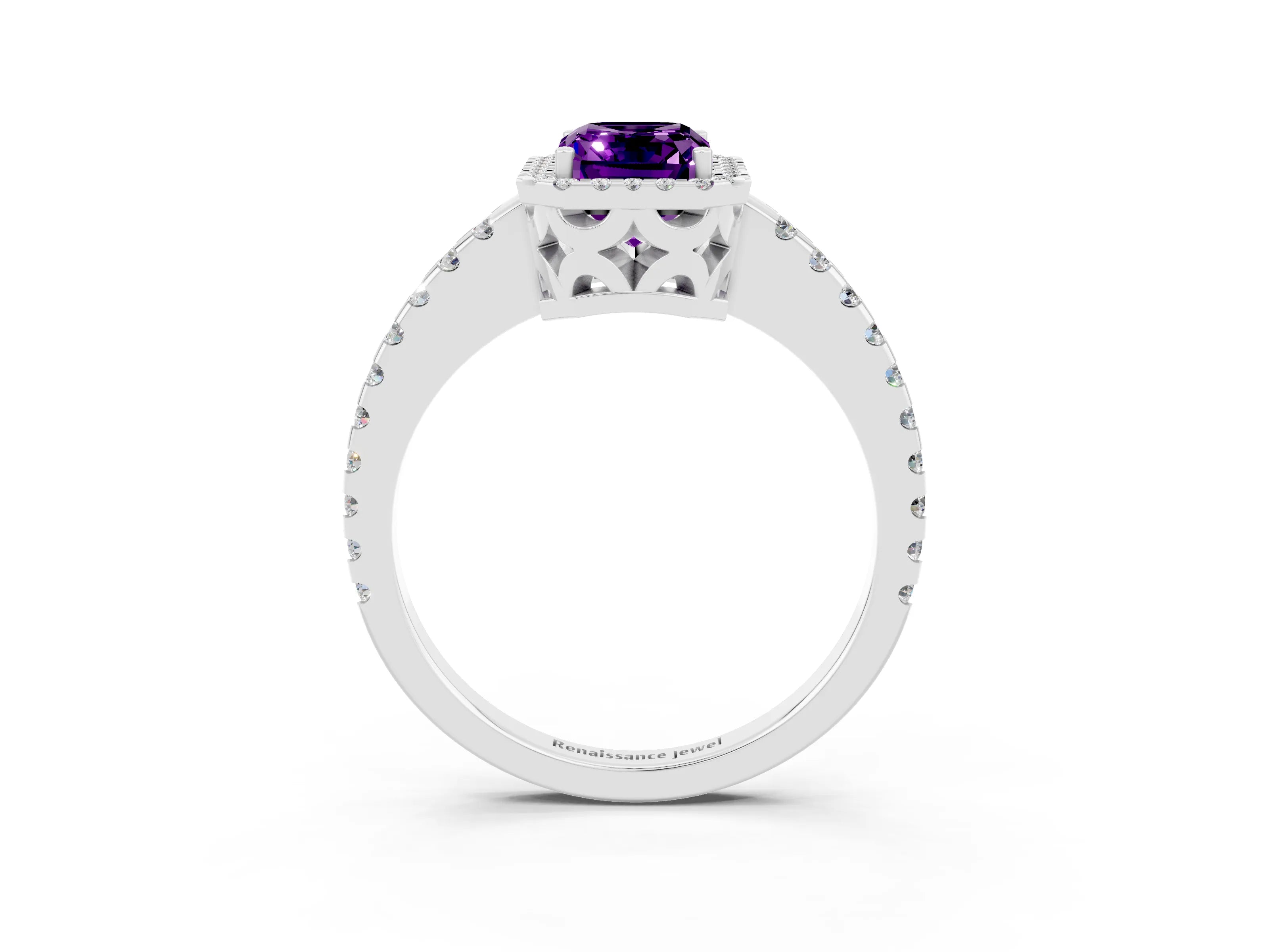 White gold Emerald Cut Amethyst Halo Engagement Ring with Pavé Band and Prong Setting_15