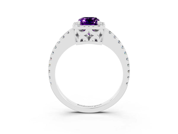 Silver Emerald Cut Amethyst Halo Engagement Ring with Pavé Band and Prong Setting