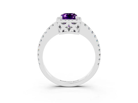 White gold Emerald Cut Amethyst Halo Engagement Ring with Pavé Band and Prong Setting_15