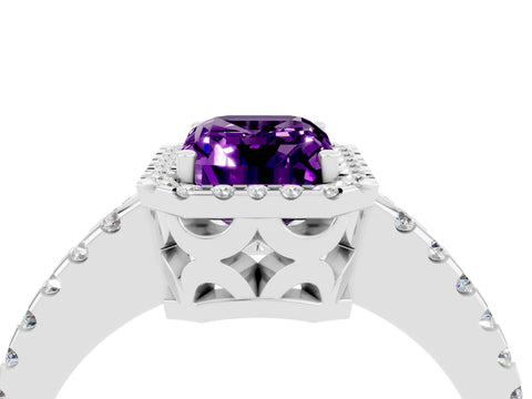 White gold Emerald Cut Amethyst Halo Engagement Ring with Pavé Band and Prong Setting_16