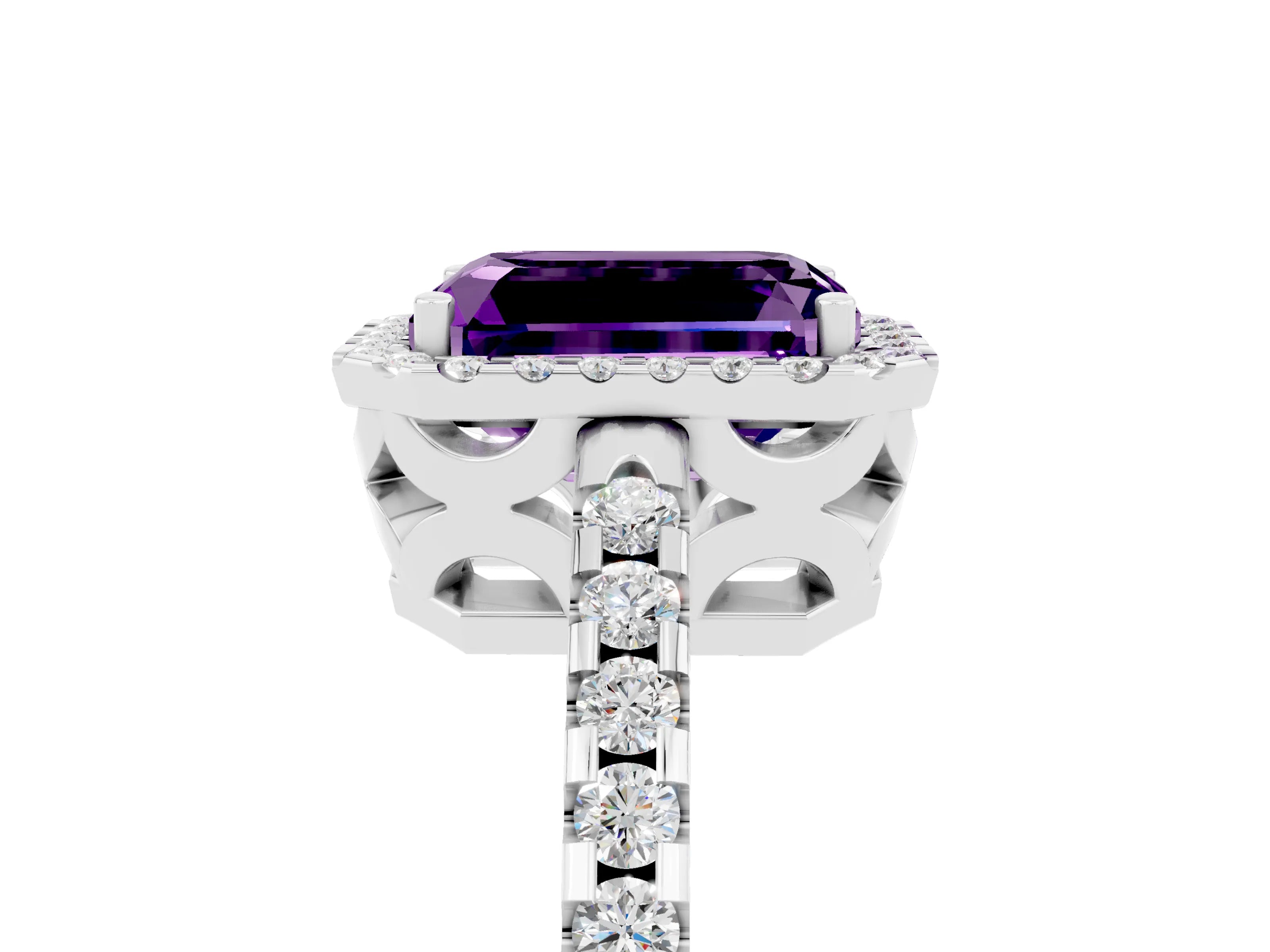 White gold Emerald Cut Amethyst Halo Engagement Ring with Pavé Band and Prong Setting_17
