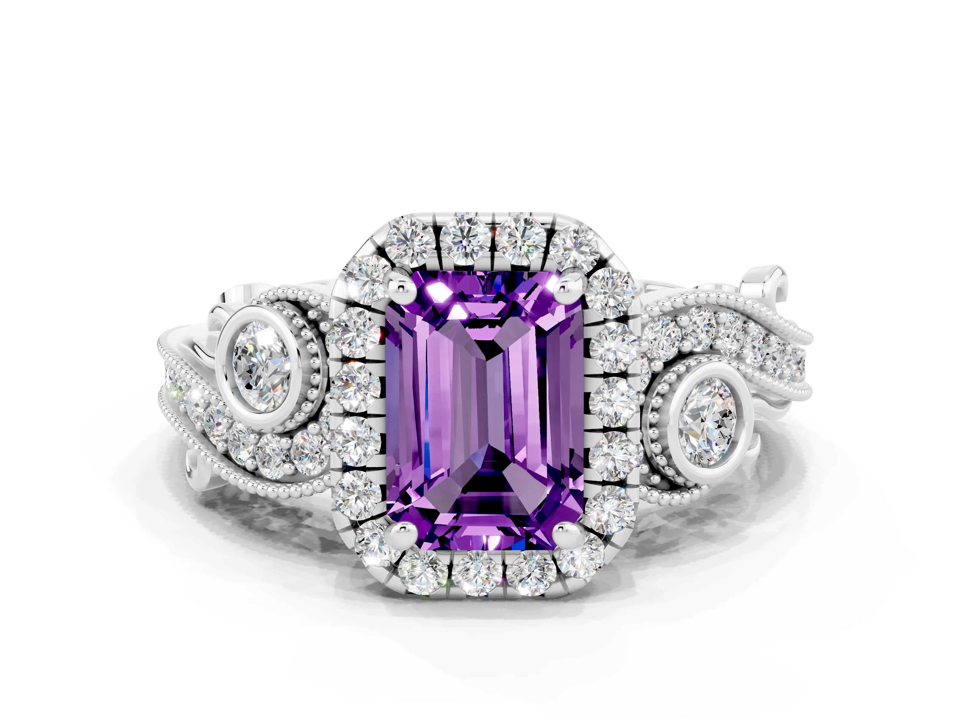 White gold Emerald Cut Amethyst Halo Ring with Milgrain Pavé Band and Four-Prong Setting_12