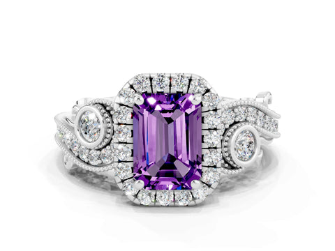 White gold Emerald Cut Amethyst Halo Ring with Milgrain Pavé Band and Four-Prong Setting_12