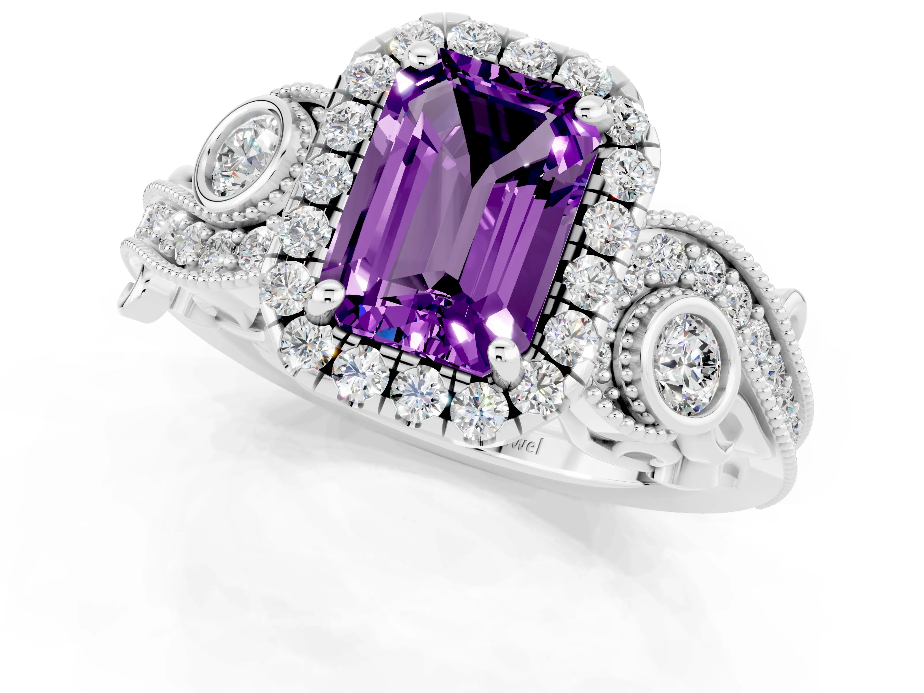 White gold Emerald Cut Amethyst Halo Ring with Milgrain Pavé Band and Four-Prong Setting_13