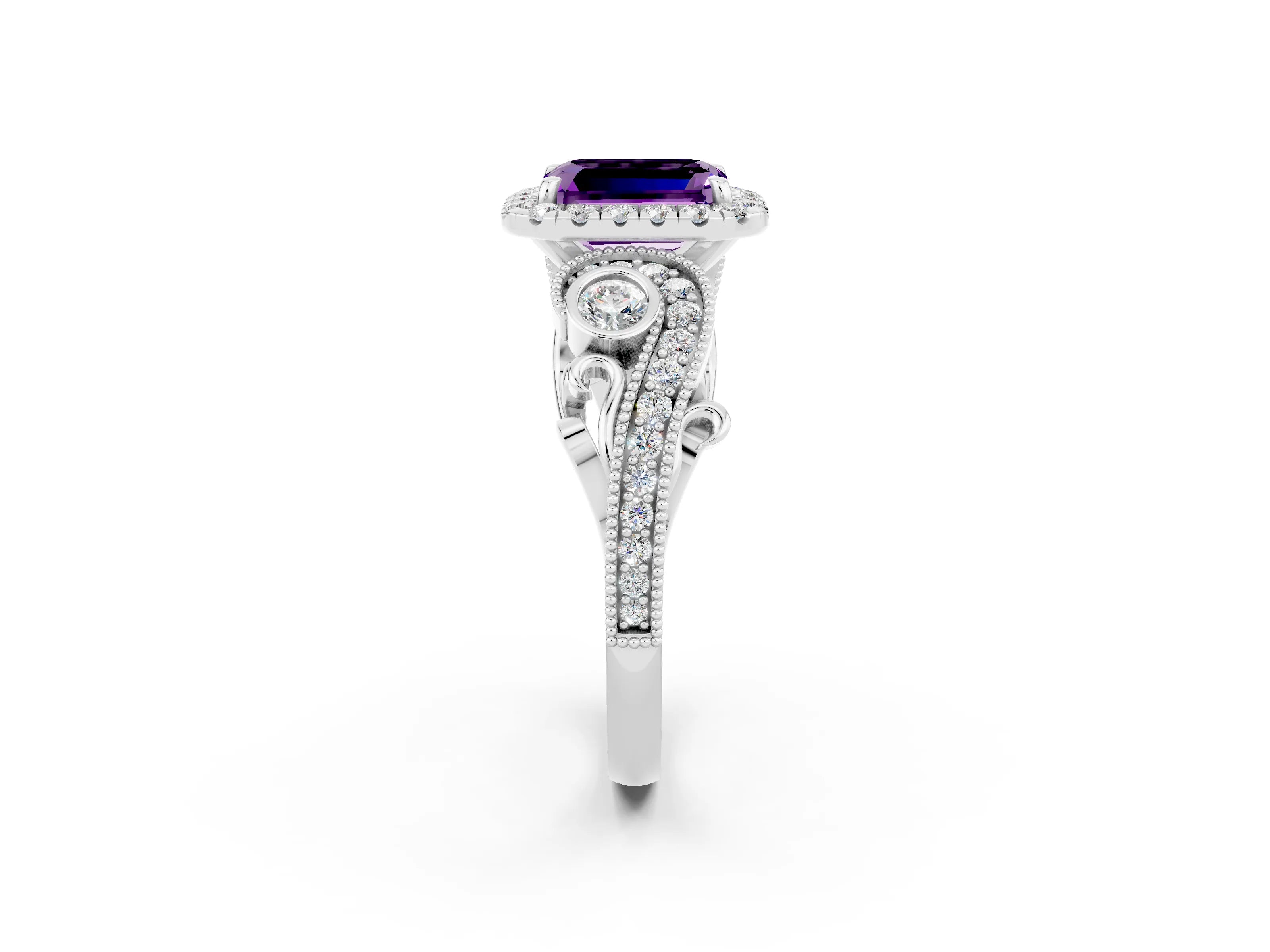 White gold Emerald Cut Amethyst Halo Ring with Milgrain Pavé Band and Four-Prong Setting_14