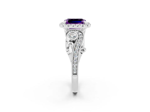 White gold Emerald Cut Amethyst Halo Ring with Milgrain Pavé Band and Four-Prong Setting_14