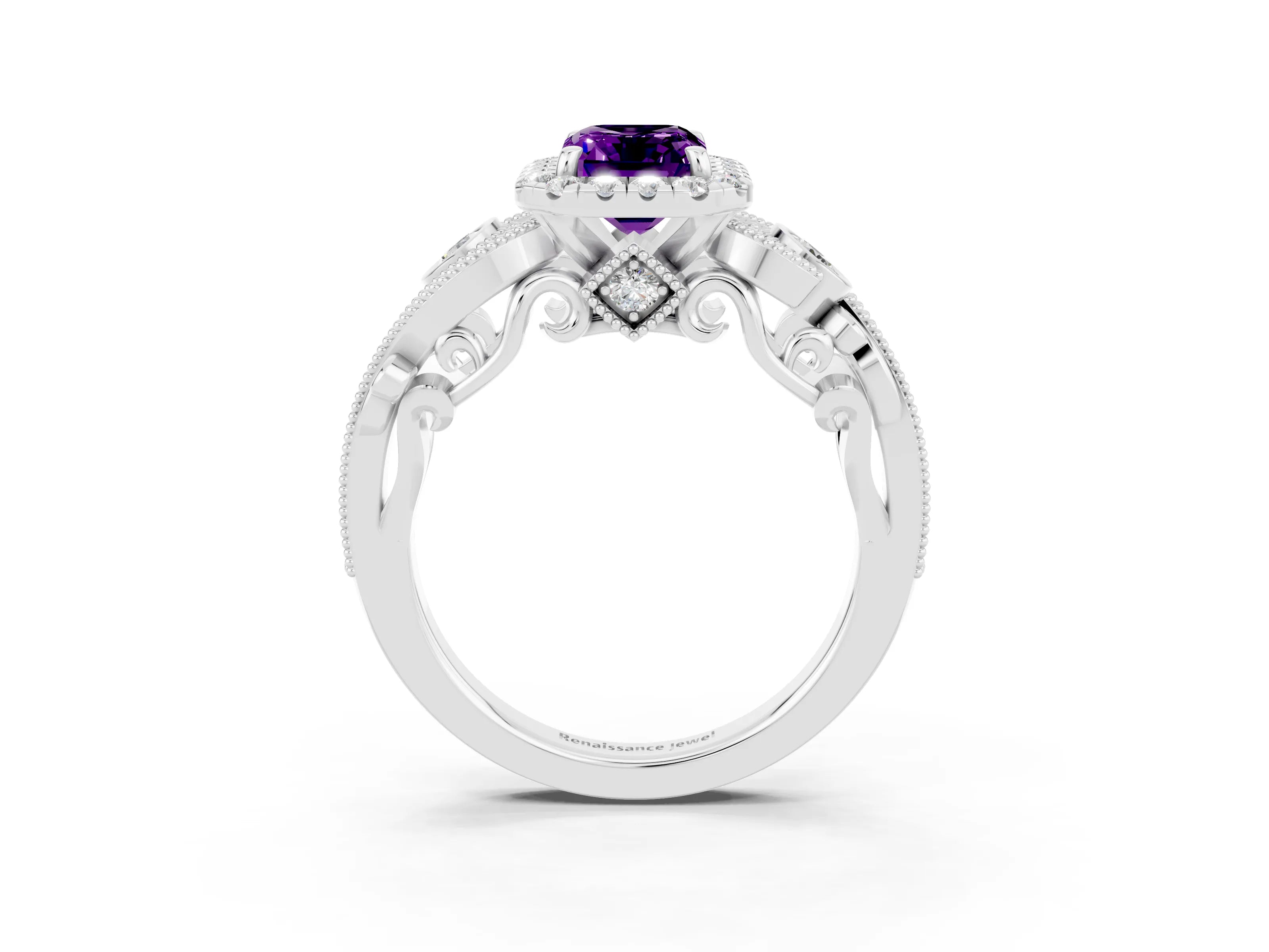 White gold Emerald Cut Amethyst Halo Ring with Milgrain Pavé Band and Four-Prong Setting_15