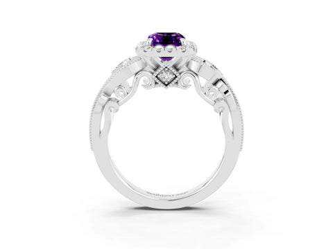 White gold Emerald Cut Amethyst Halo Ring with Milgrain Pavé Band and Four-Prong Setting_15