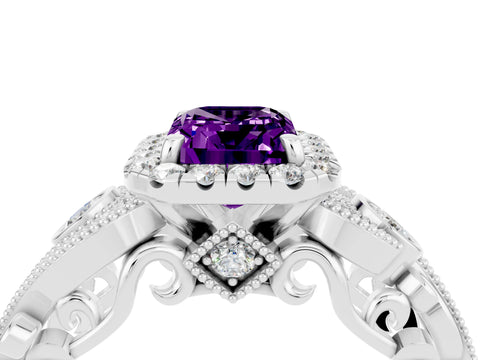 White gold Emerald Cut Amethyst Halo Ring with Milgrain Pavé Band and Four-Prong Setting_16