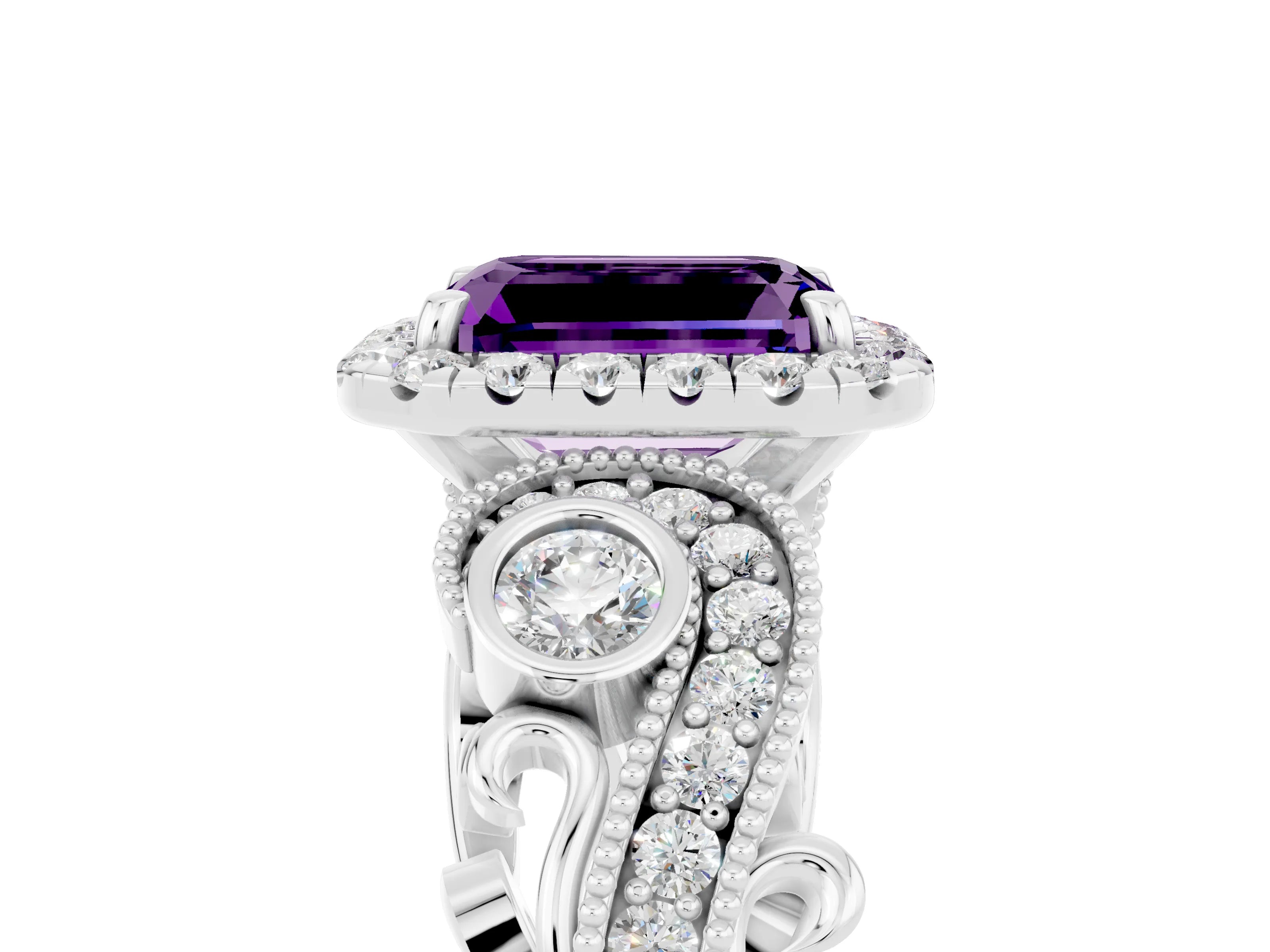 White gold Emerald Cut Amethyst Halo Ring with Milgrain Pavé Band and Four-Prong Setting_17