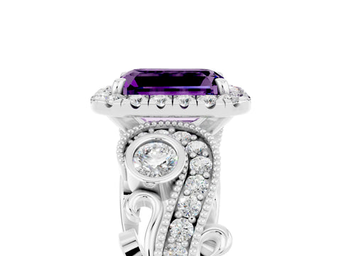 White gold Emerald Cut Amethyst Halo Ring with Milgrain Pavé Band and Four-Prong Setting_17