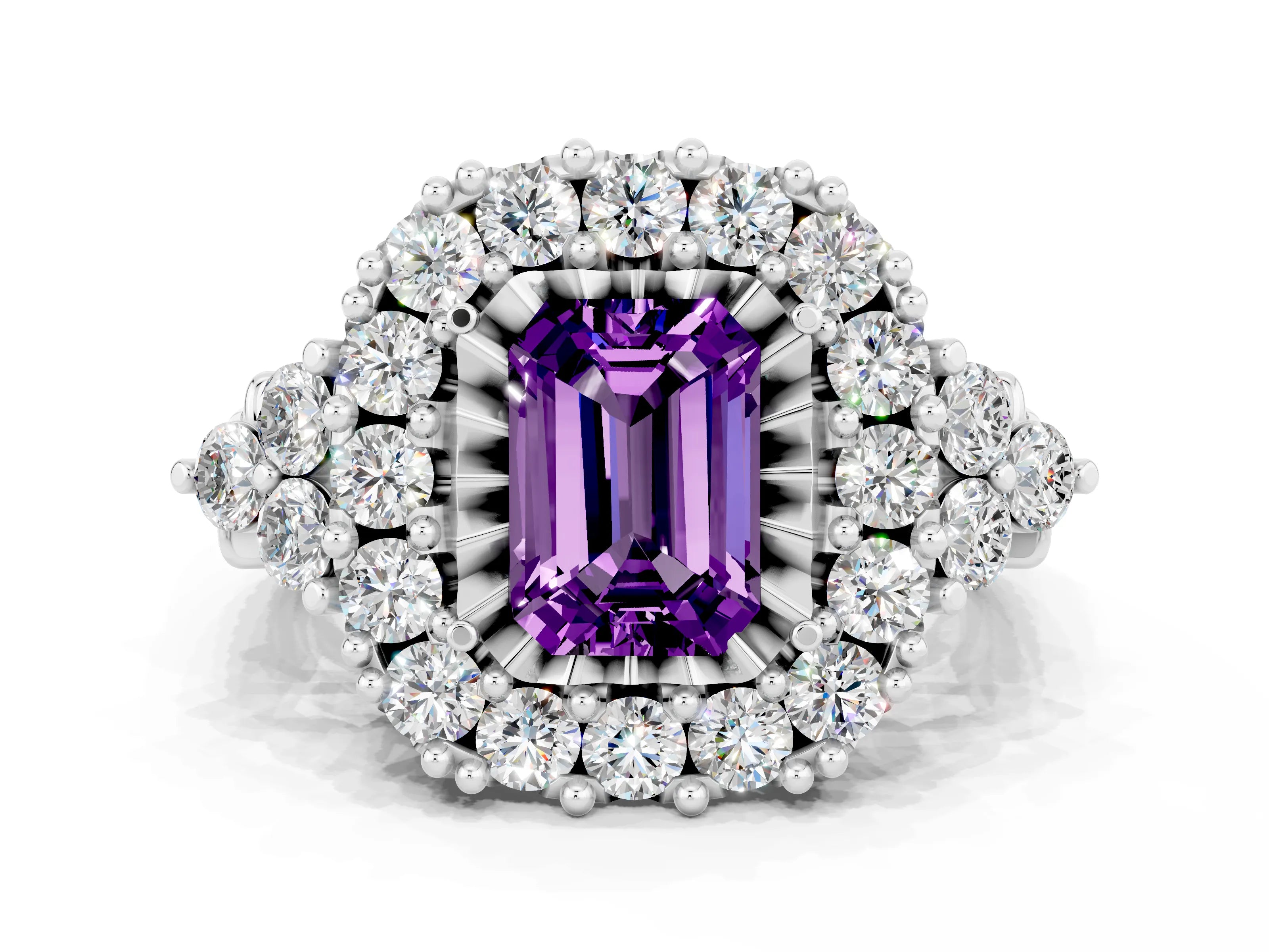 White gold Emerald Cut Amethyst Halo Ring with Pavé Band and Four-Prong Setting_12
