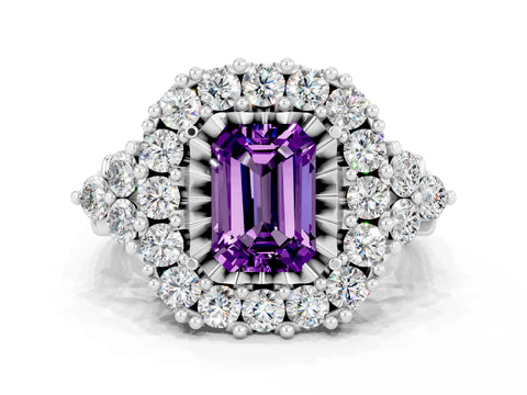 White gold Emerald Cut Amethyst Halo Ring with Pavé Band and Four-Prong Setting_12