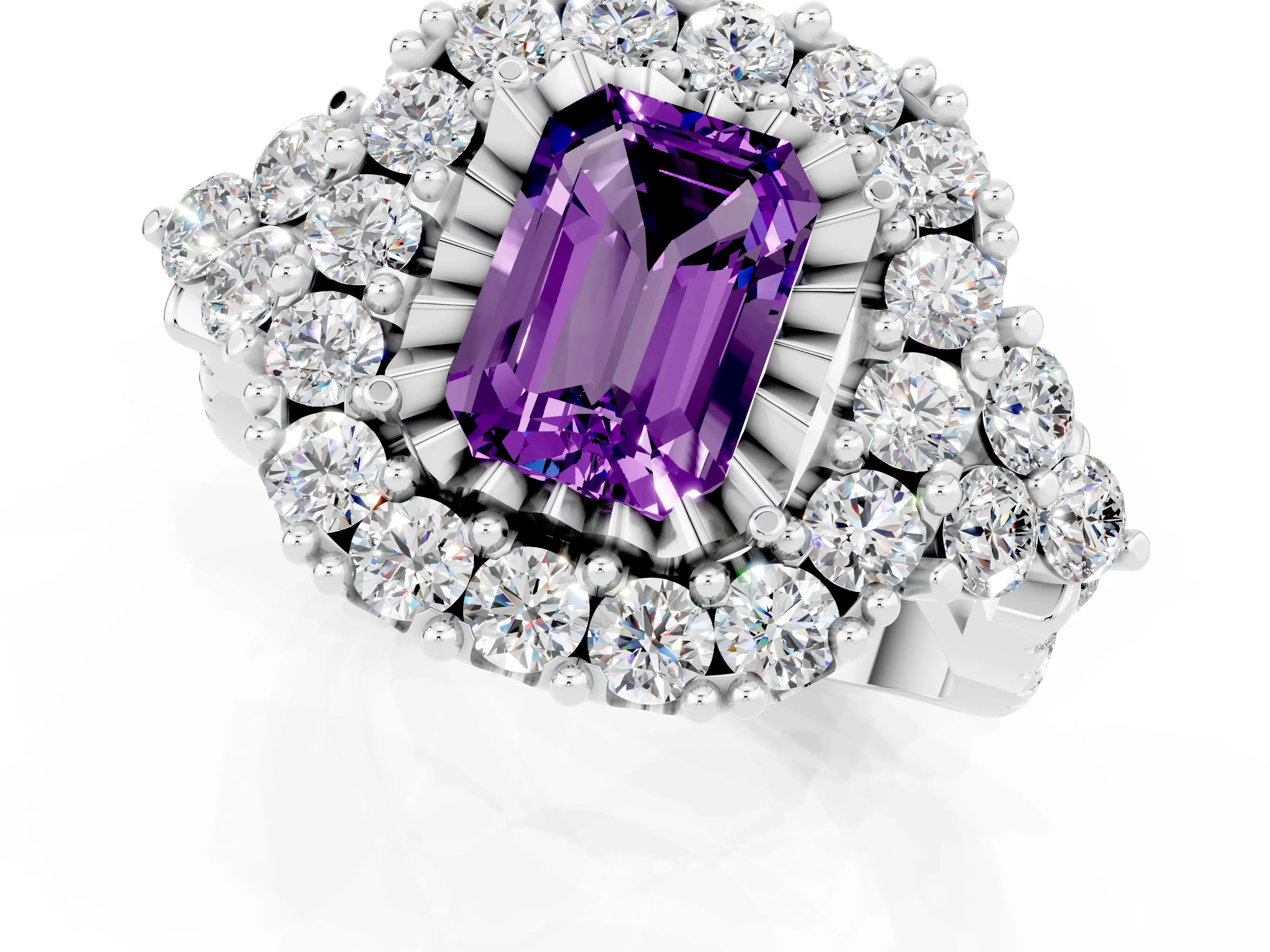 White gold Emerald Cut Amethyst Halo Ring with Pavé Band and Four-Prong Setting_13