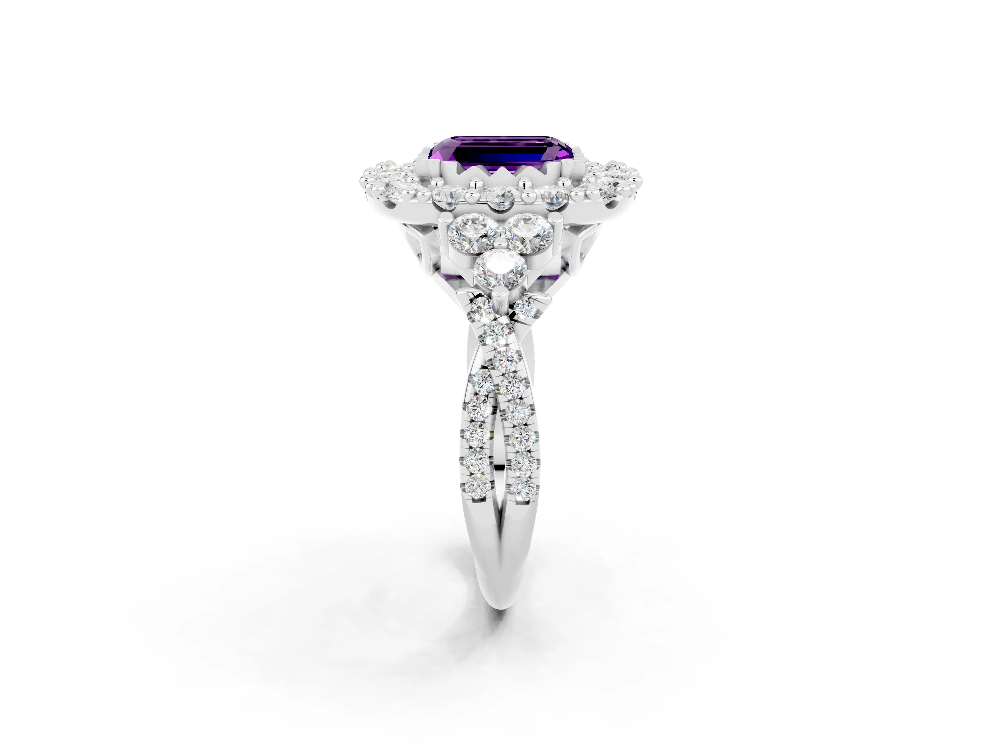 White gold Emerald Cut Amethyst Halo Ring with Pavé Band and Four-Prong Setting_14