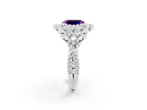 White gold Emerald Cut Amethyst Halo Ring with Pavé Band and Four-Prong Setting_14