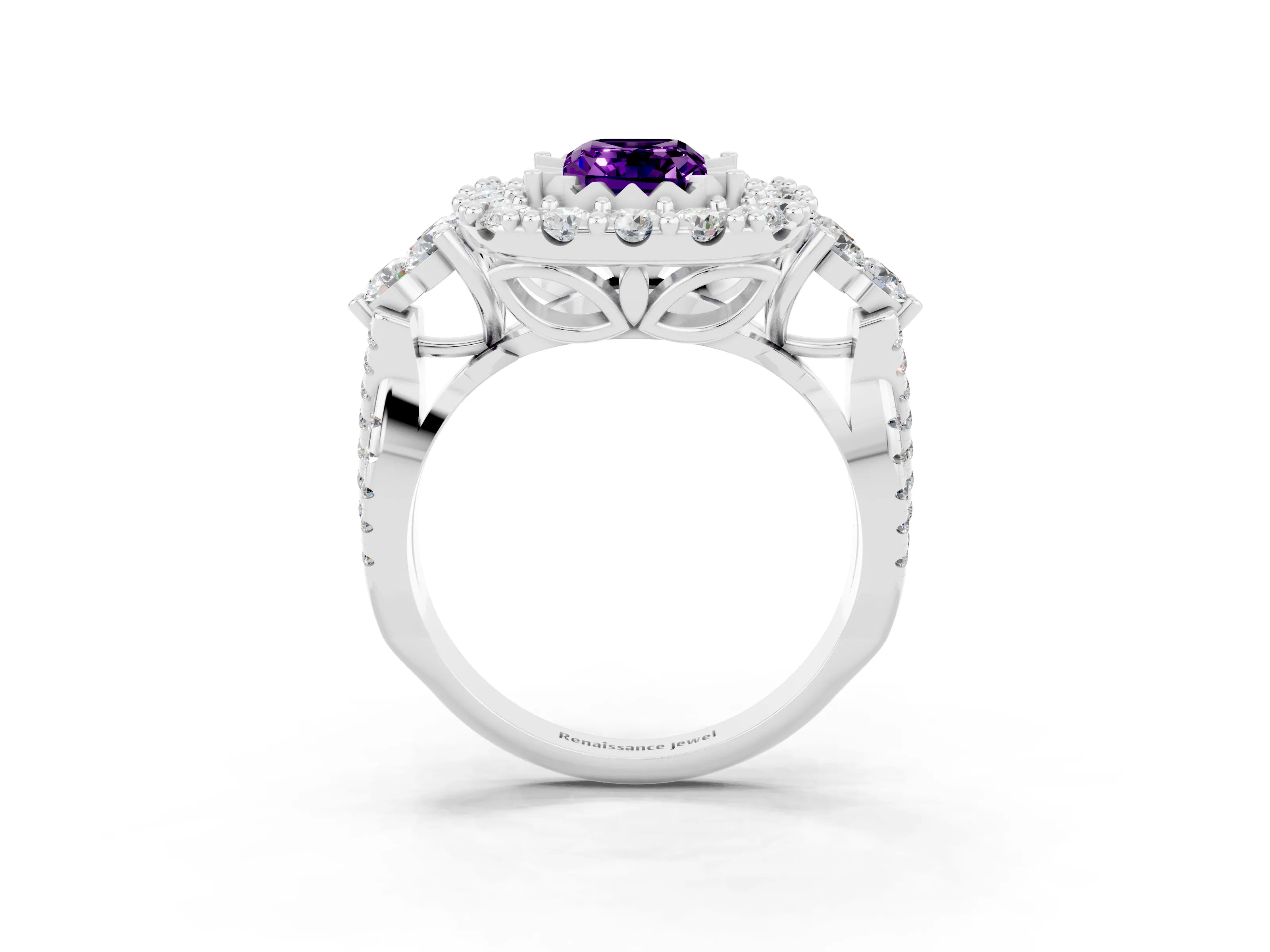 White gold Emerald Cut Amethyst Halo Ring with Pavé Band and Four-Prong Setting_15