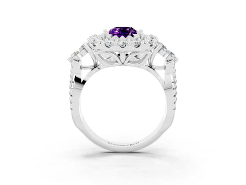 White gold Emerald Cut Amethyst Halo Ring with Pavé Band and Four-Prong Setting_15