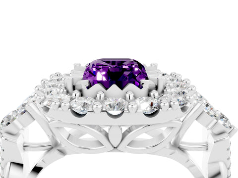 White gold Emerald Cut Amethyst Halo Ring with Pavé Band and Four-Prong Setting_16