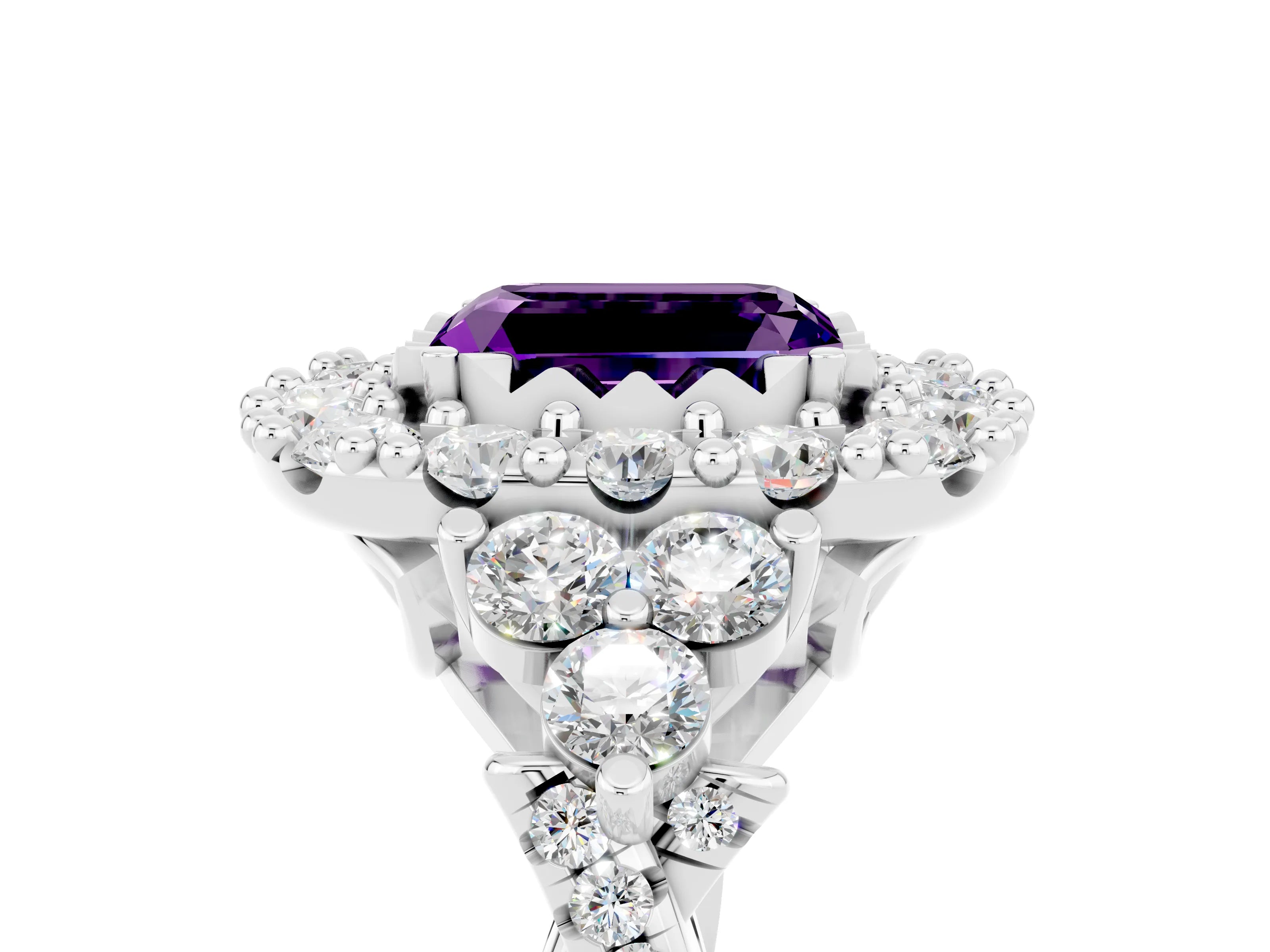 White gold Emerald Cut Amethyst Halo Ring with Pavé Band and Four-Prong Setting_17