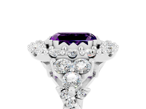 White gold Emerald Cut Amethyst Halo Ring with Pavé Band and Four-Prong Setting_17