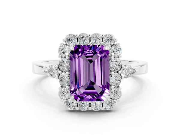 Platinum Emerald Cut Amethyst Halo Ring with Pear Side Stones and Prong Setting