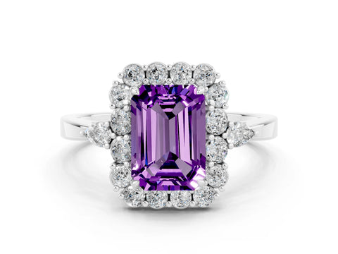 White gold Emerald Cut Amethyst Halo Ring with Pear Side Stones and Prong Setting_24