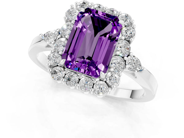 Platinum Emerald Cut Amethyst Halo Ring with Pear Side Stones and Prong Setting