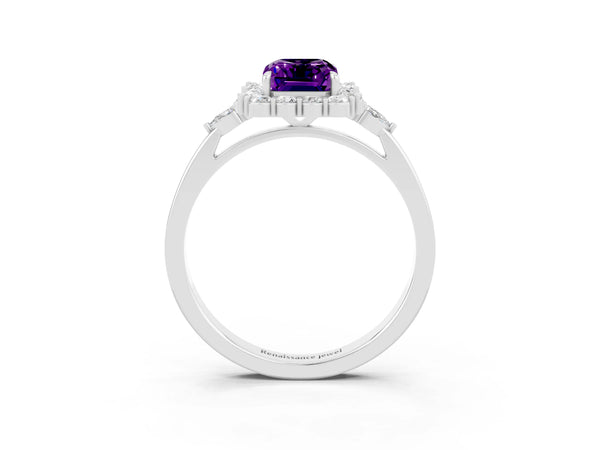 Platinum Emerald Cut Amethyst Halo Ring with Pear Side Stones and Prong Setting