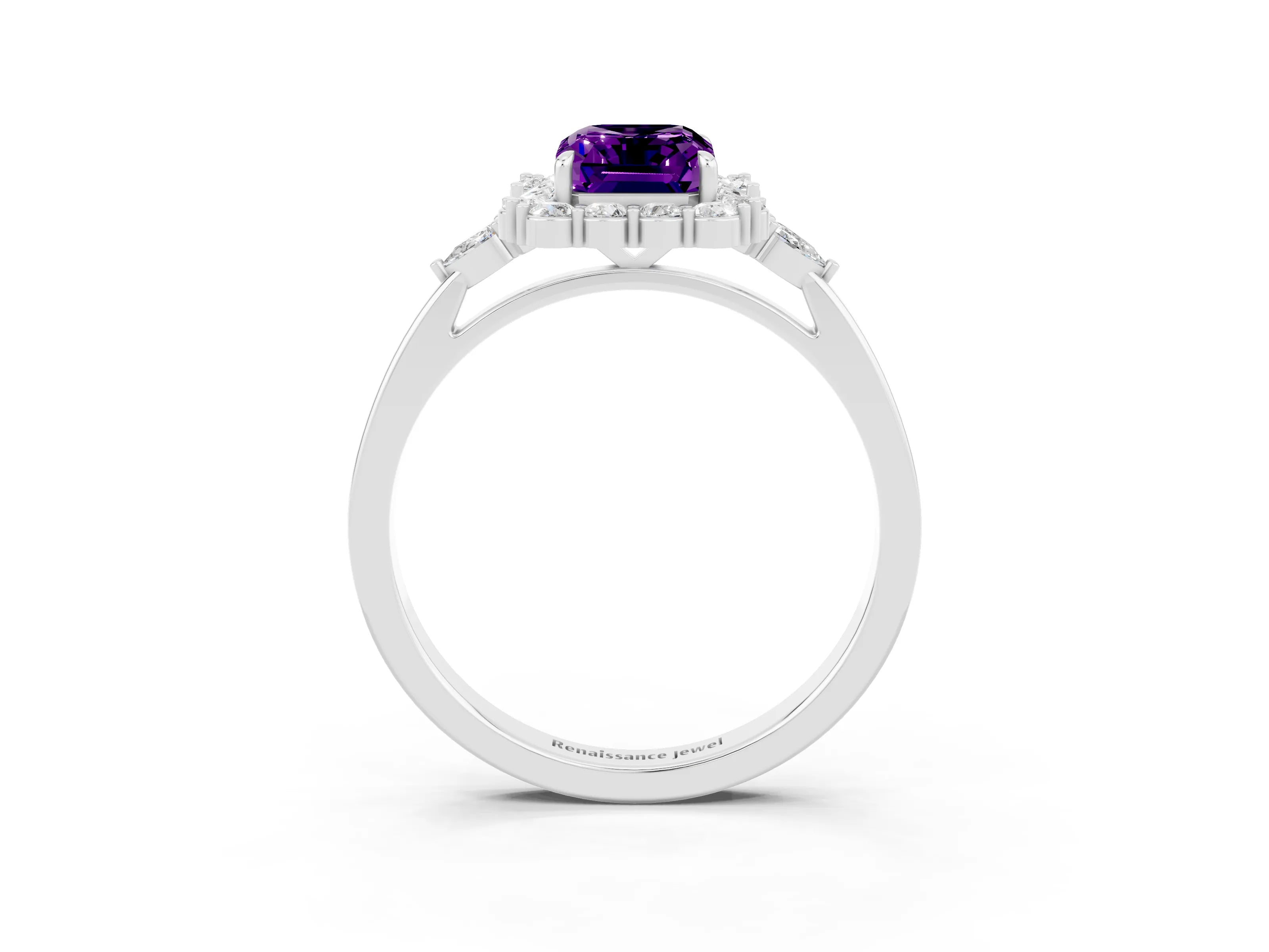 White gold Emerald Cut Amethyst Halo Ring with Pear Side Stones and Prong Setting_27