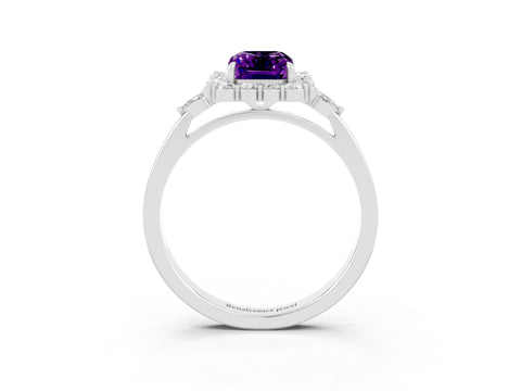 White gold Emerald Cut Amethyst Halo Ring with Pear Side Stones and Prong Setting_27