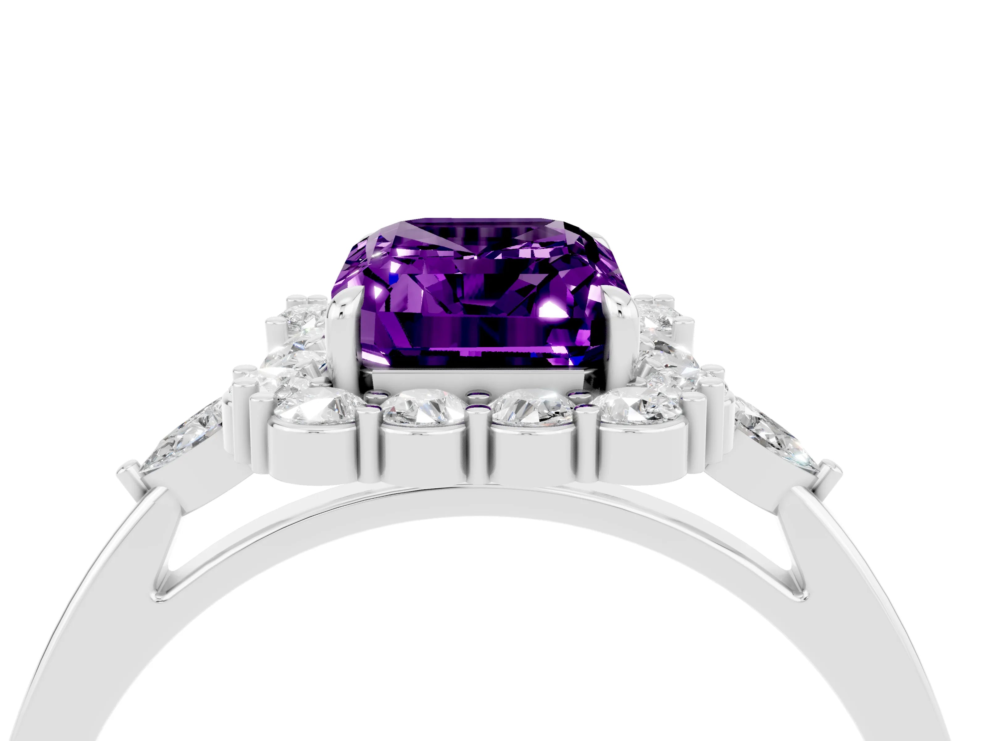 White gold Emerald Cut Amethyst Halo Ring with Pear Side Stones and Prong Setting_28