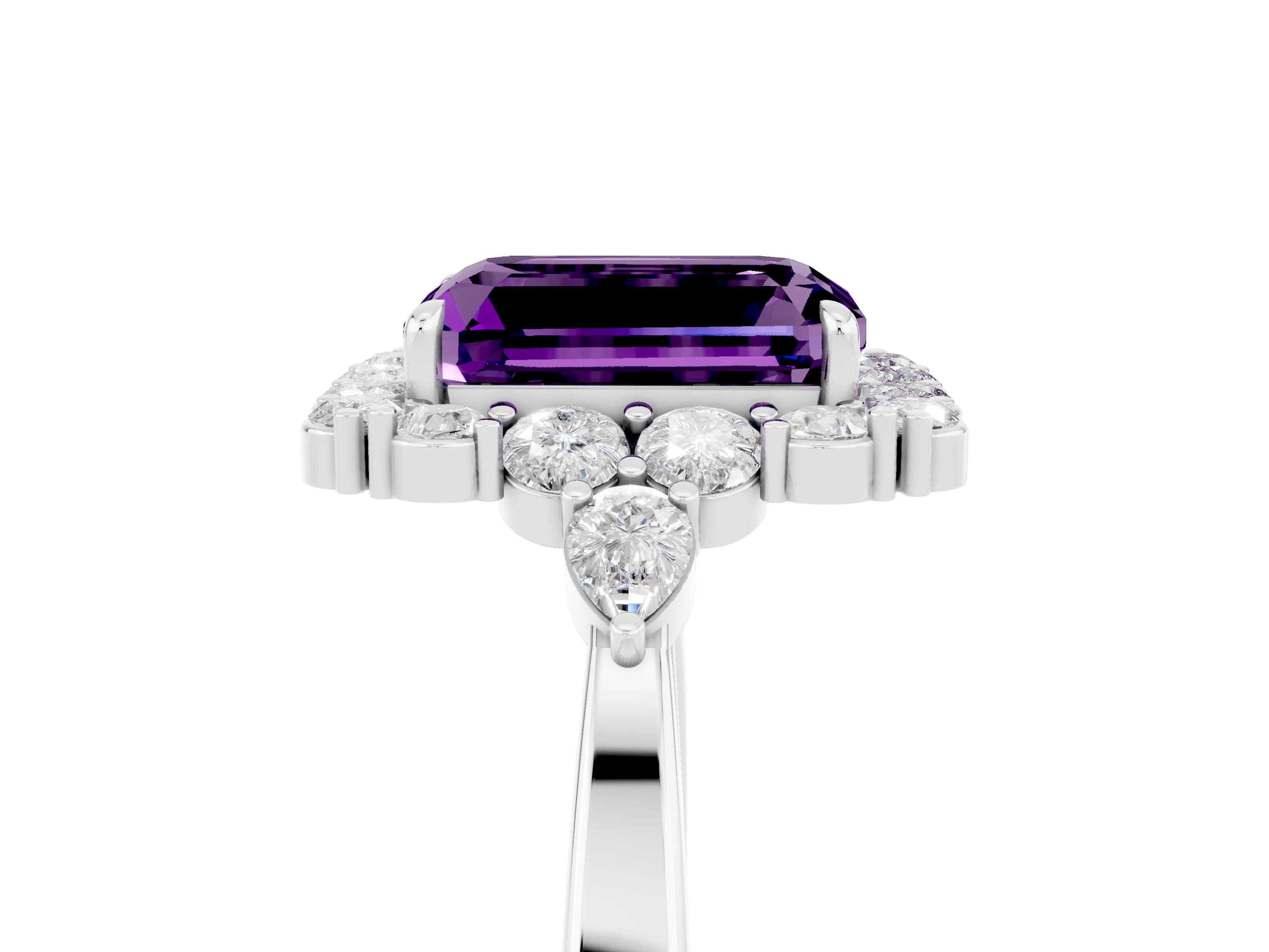 White gold Emerald Cut Amethyst Halo Ring with Pear Side Stones and Prong Setting_29