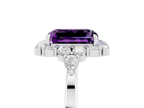 White gold Emerald Cut Amethyst Halo Ring with Pear Side Stones and Prong Setting_29