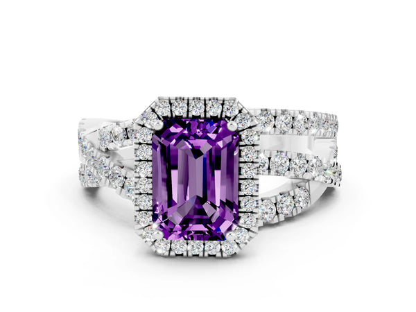 Silver Emerald Cut Amethyst Halo Ring with Round Split Shank and Prong Setting