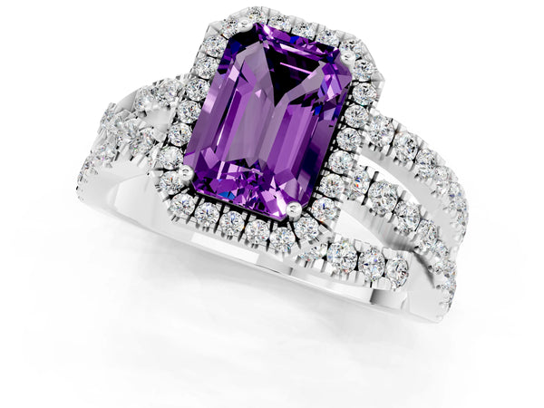 White gold Emerald Cut Amethyst Halo Ring with Round Split Shank and Prong Setting