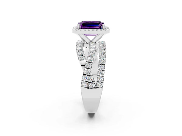 Platinum Emerald Cut Amethyst Halo Ring with Round Split Shank and Prong Setting