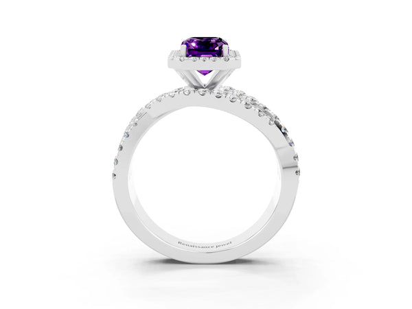 Platinum Emerald Cut Amethyst Halo Ring with Round Split Shank and Prong Setting