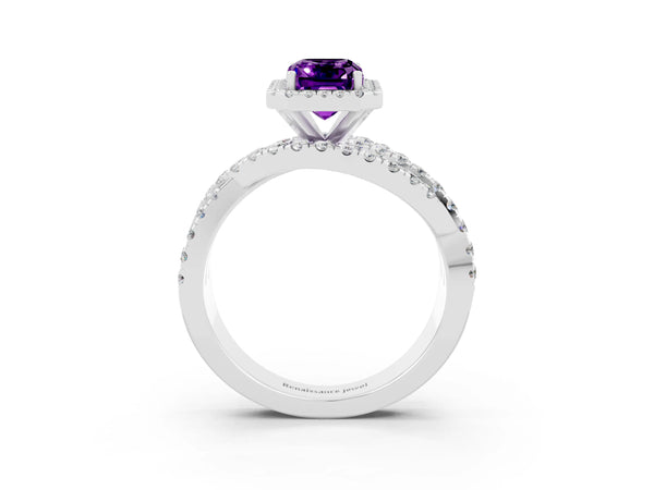White gold Emerald Cut Amethyst Halo Ring with Round Split Shank and Prong Setting
