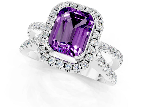 White gold Emerald Cut Amethyst Halo Ring with Split Shank Pavé Band and Prong Setting