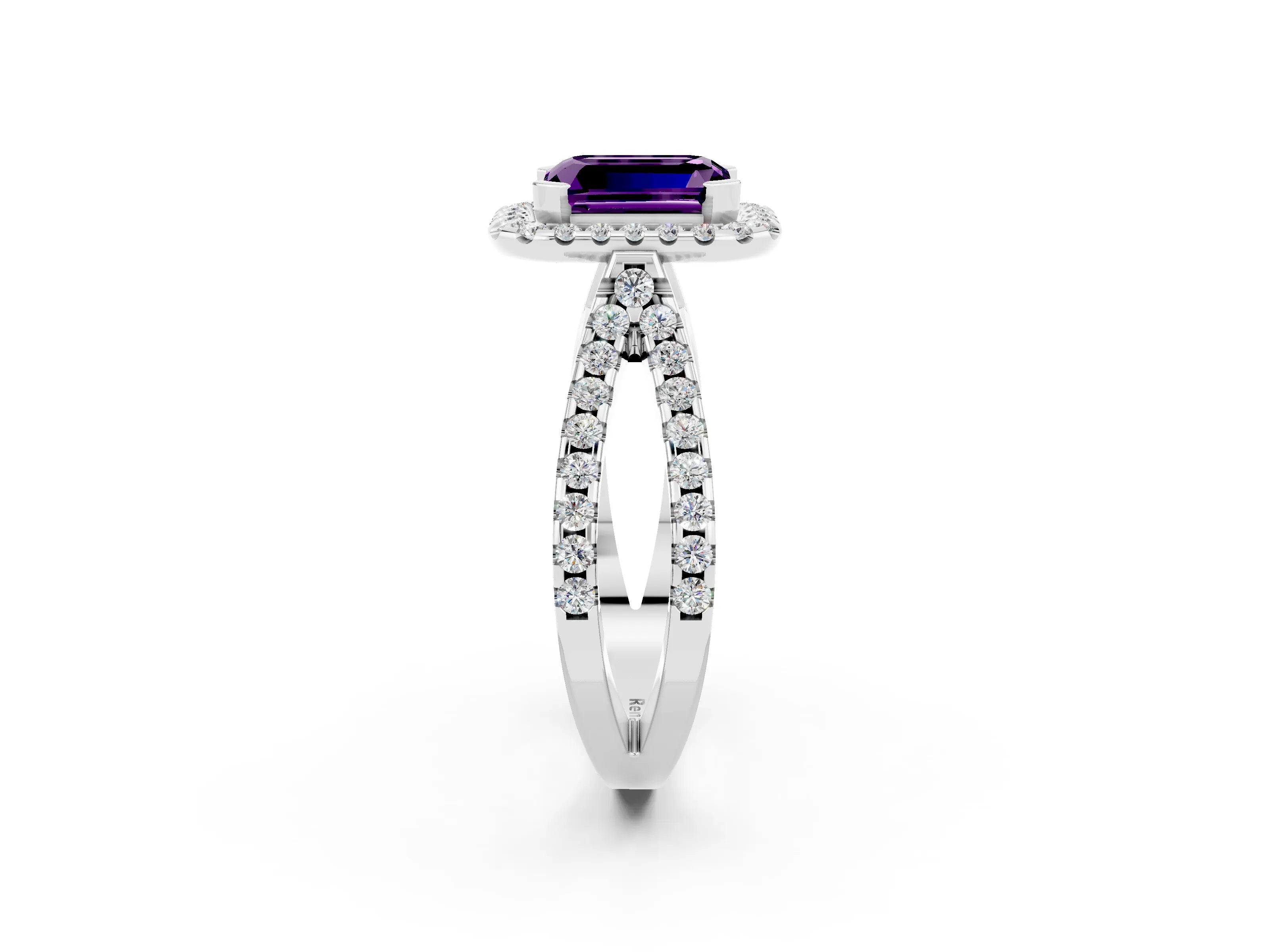 White gold Emerald Cut Amethyst Halo Ring with Split Shank Pavé Band and Prong Setting_2