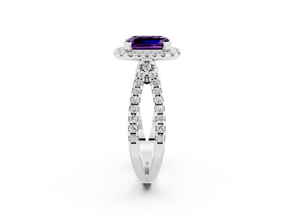 Silver Emerald Cut Amethyst Halo Ring with Split Shank Pavé Band and Prong Setting
