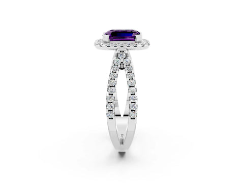 White gold Emerald Cut Amethyst Halo Ring with Split Shank Pavé Band and Prong Setting_2
