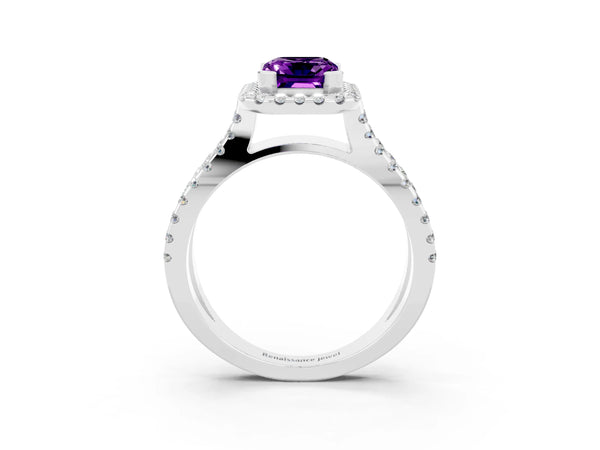 Platinum Emerald Cut Amethyst Halo Ring with Split Shank Pavé Band and Prong Setting