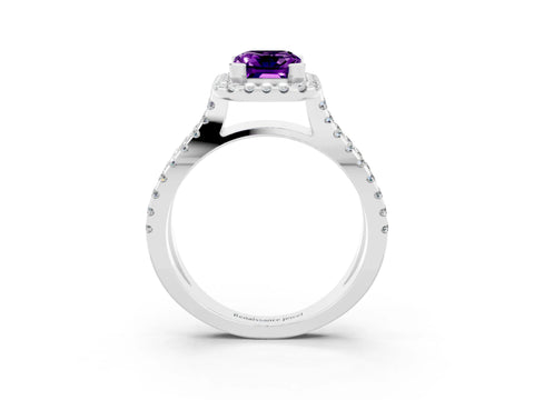 White gold Emerald Cut Amethyst Halo Ring with Split Shank Pavé Band and Prong Setting_3