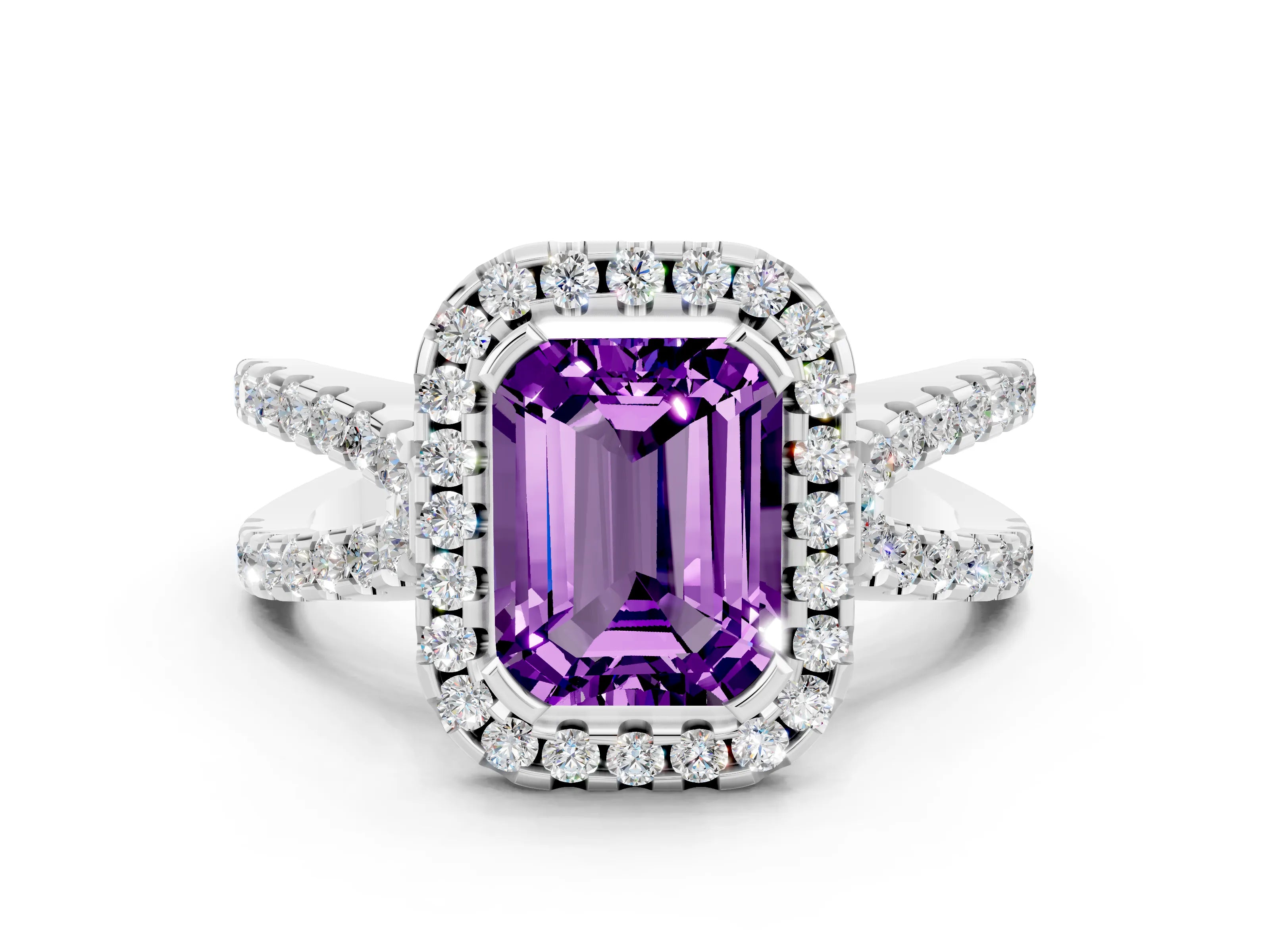 White gold Emerald Cut Amethyst Halo Ring with Split Shank Pavé Band and Prong Setting