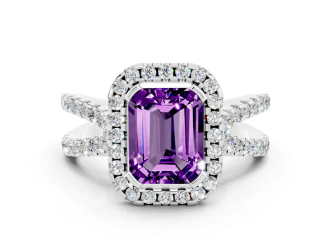 White gold Emerald Cut Amethyst Halo Ring with Split Shank Pavé Band and Prong Setting