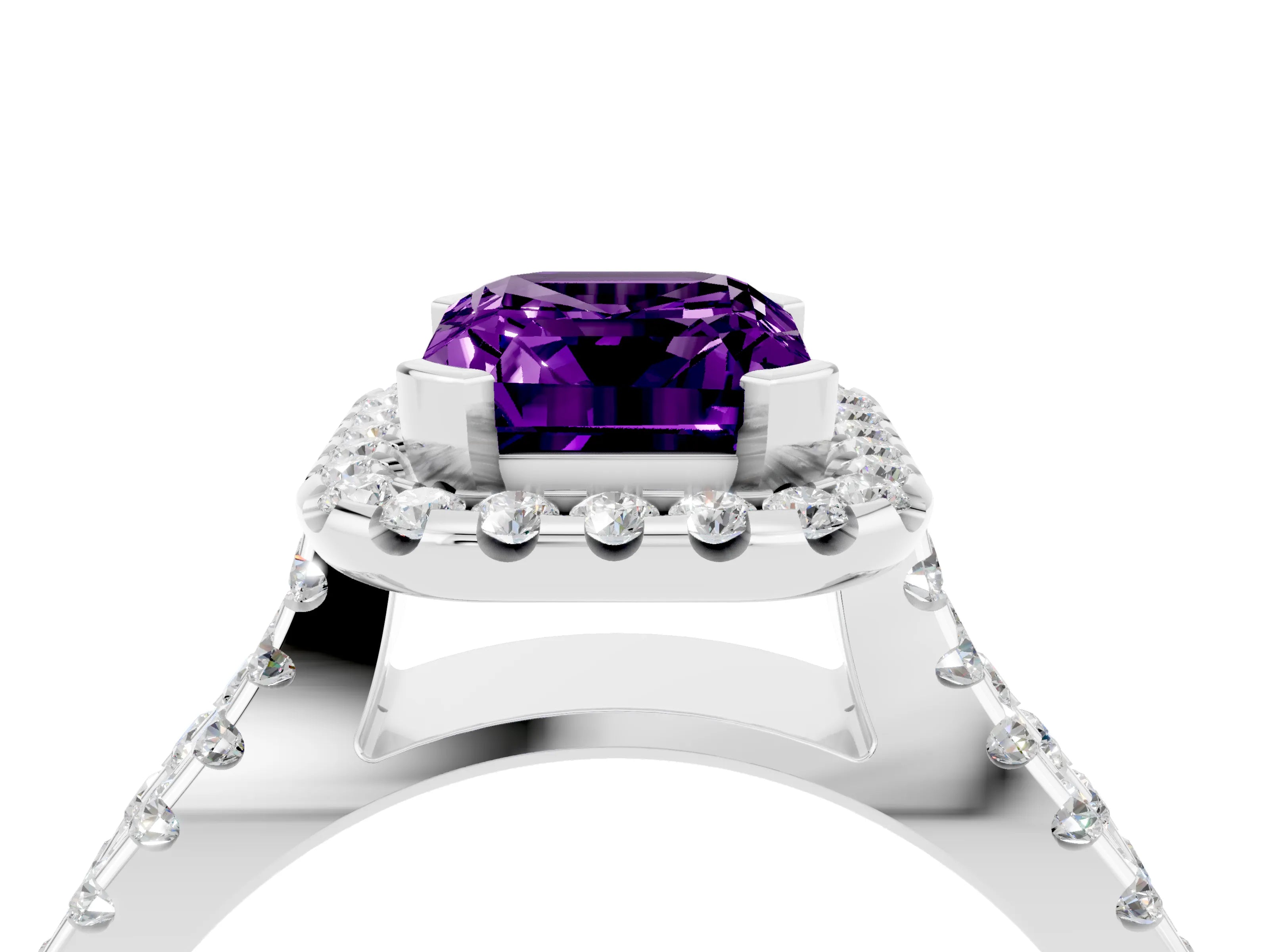 White gold Emerald Cut Amethyst Halo Ring with Split Shank Pavé Band and Prong Setting_4
